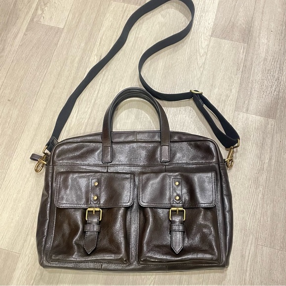 Fossil Buckner Brief Briefcase Bag Brown Cognac Leather Laptop Men's Bag Unisex - Picture 1 of 10